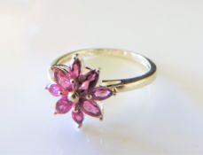 Sterling Silver Pink Tourmaline Flower Cluster Ring