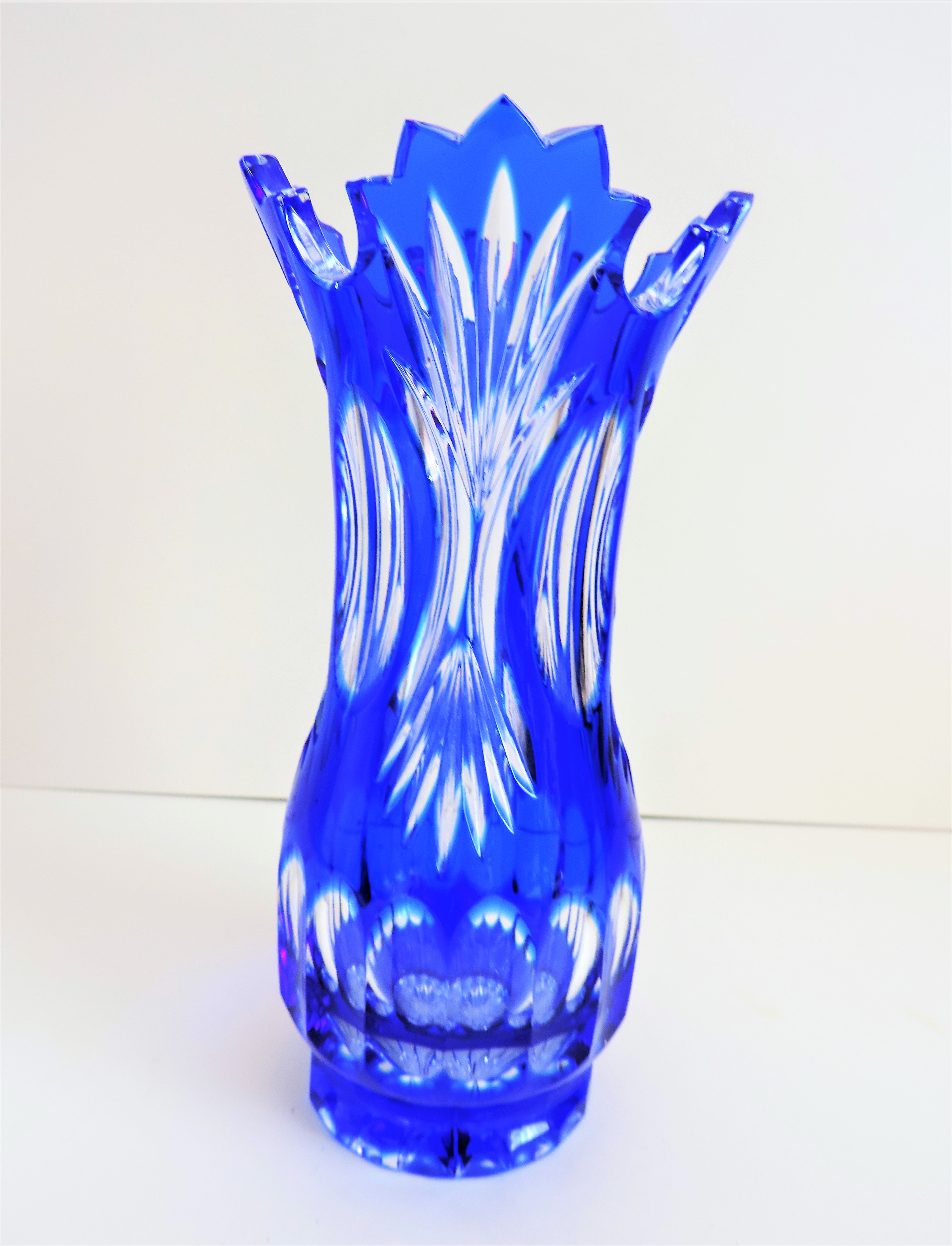 Vintage Blue Bohemian Crystal Vase Cut to Clear Crystal
