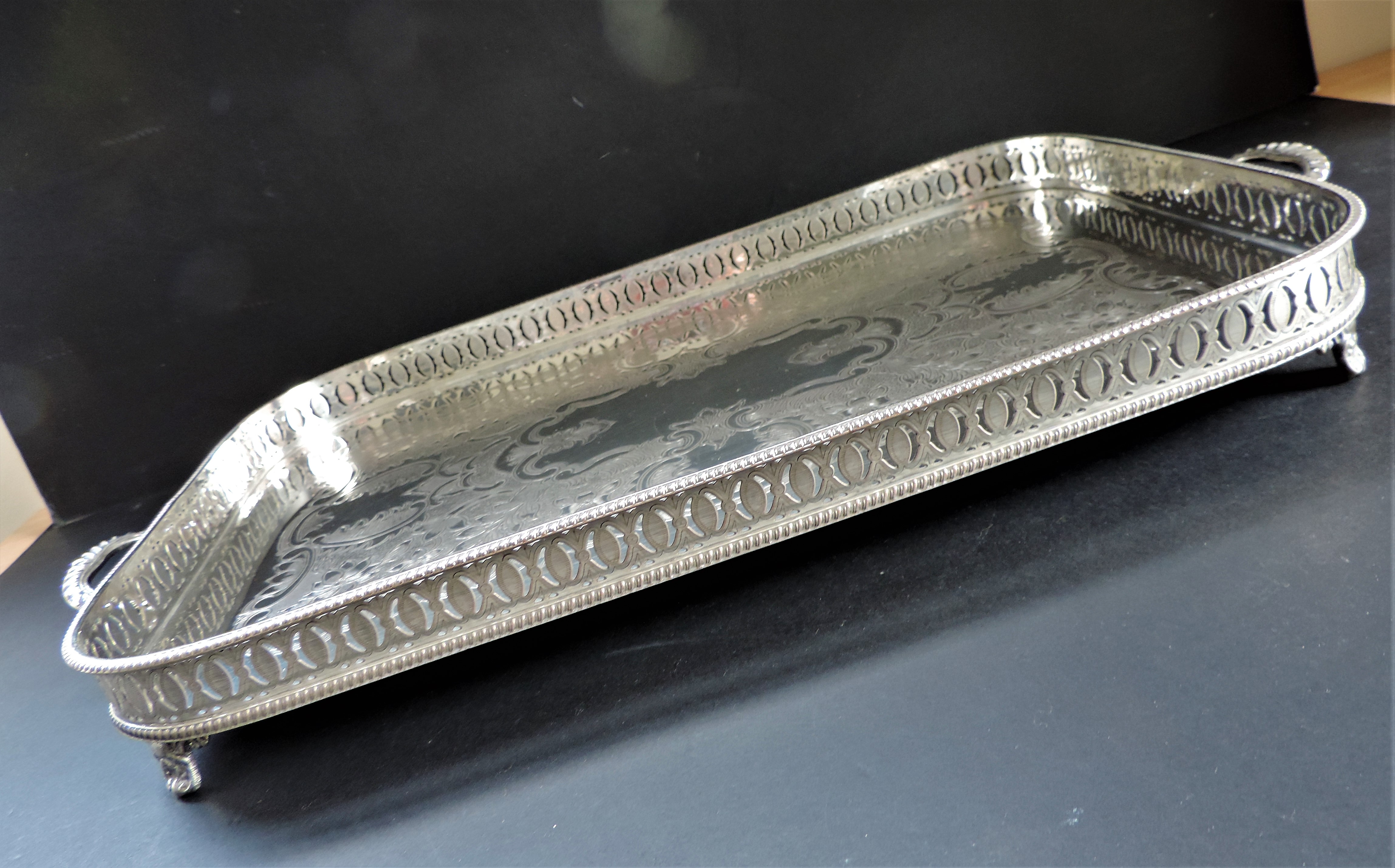 Large Victorian Silver Plated Gallery Tray on Paw Feet circa 1890's - Image 3 of 8