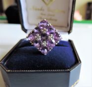 Sterling Silver 3.6 ct Amethyst & Diamond Cluster Ring