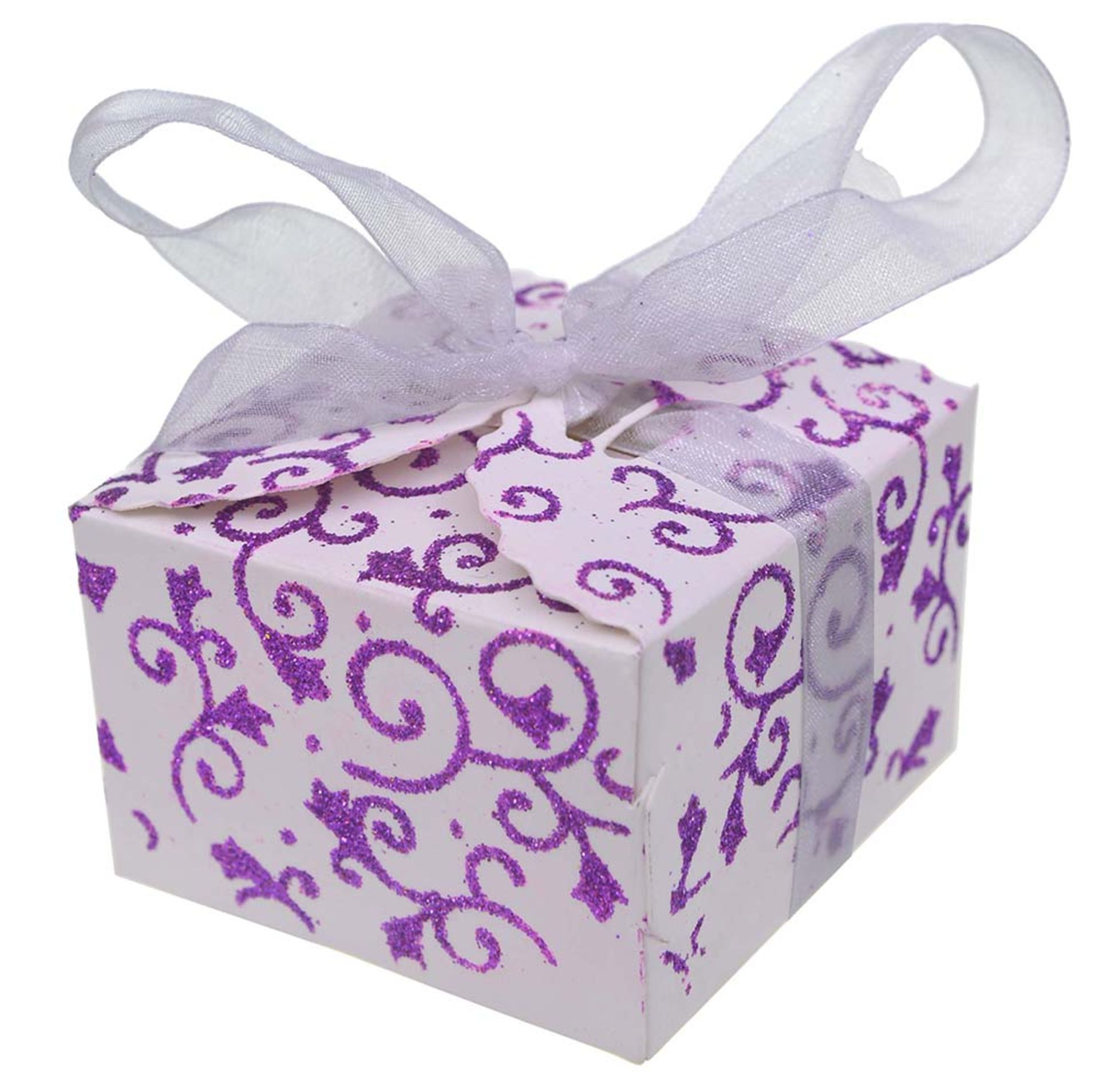 Lot of 200 White with Purple Glitter Favour Boxes. RRP £39.99