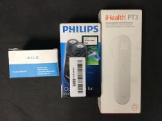 3x Mixed Items To Include iHealth Thermometer, Aile Pulse Oximeter, Philips Shaver Replacement