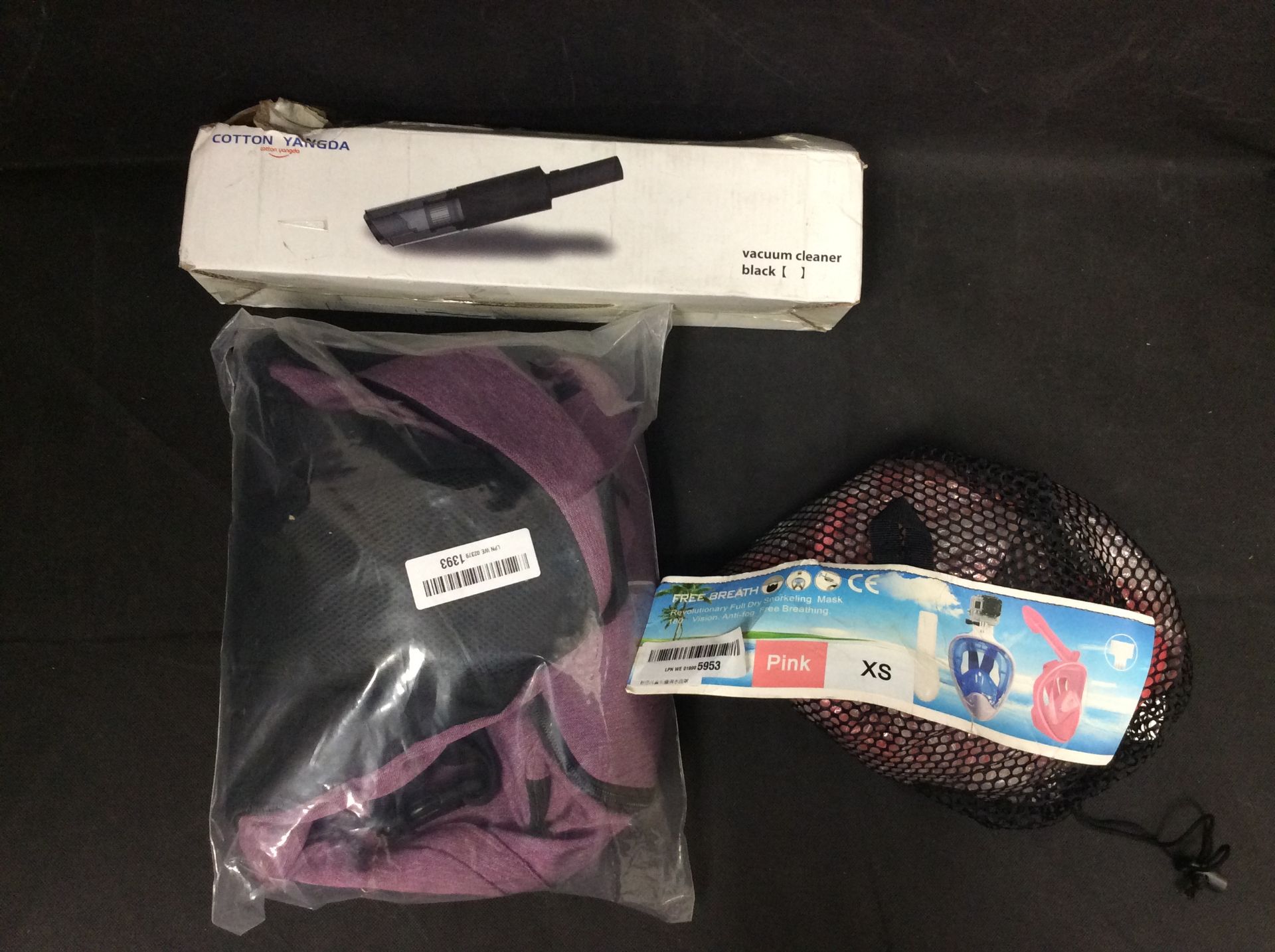 3x Mixed Items To Include Vacuum Cleaner Part, Snorkel Mask, Bagpack