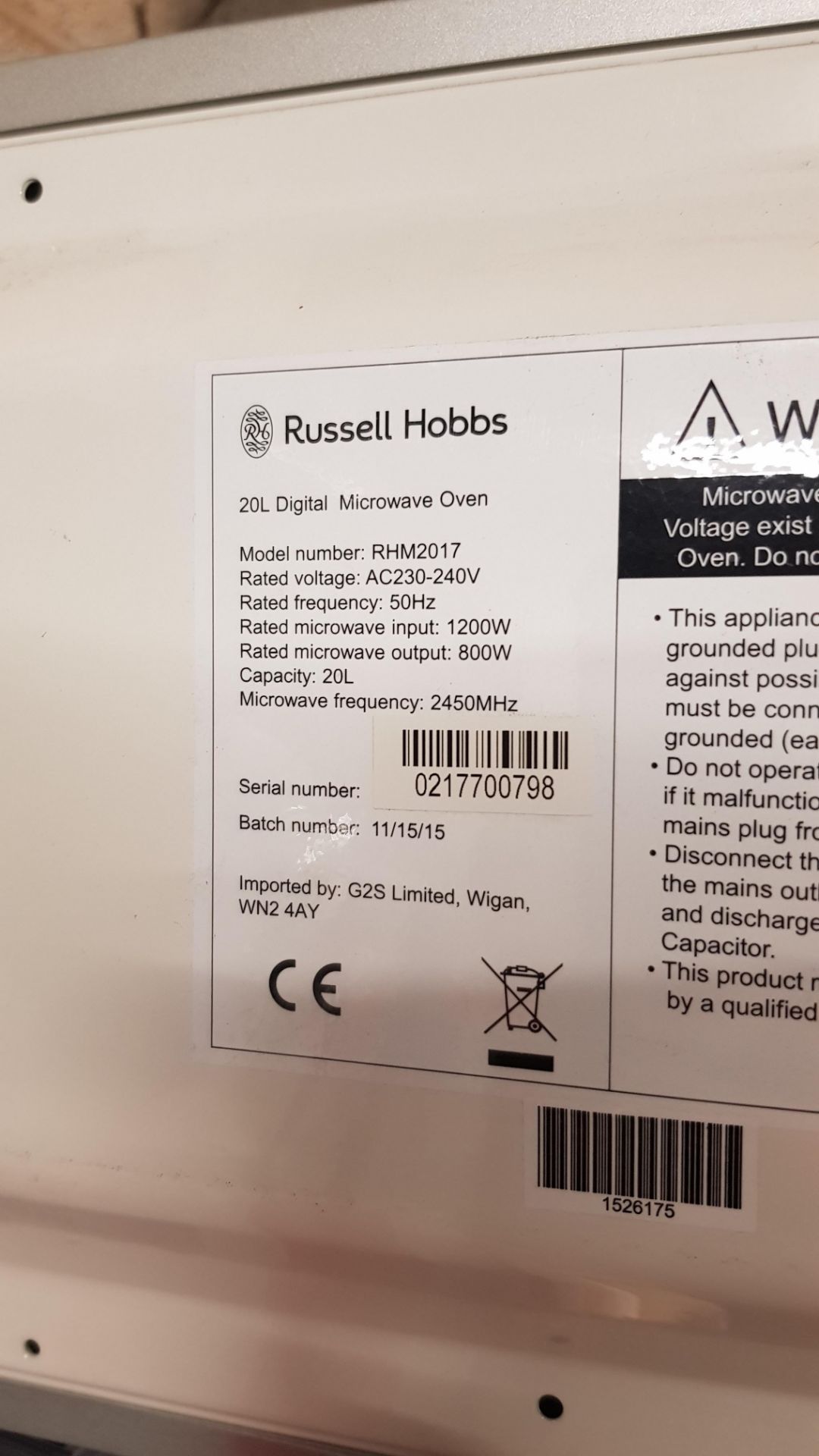 (R14H) 1x Russell Hobbs Silver 20L 800W Microwave Oven (RRP 79.99). Unit Is Clean, Appears Unused – - Image 6 of 6