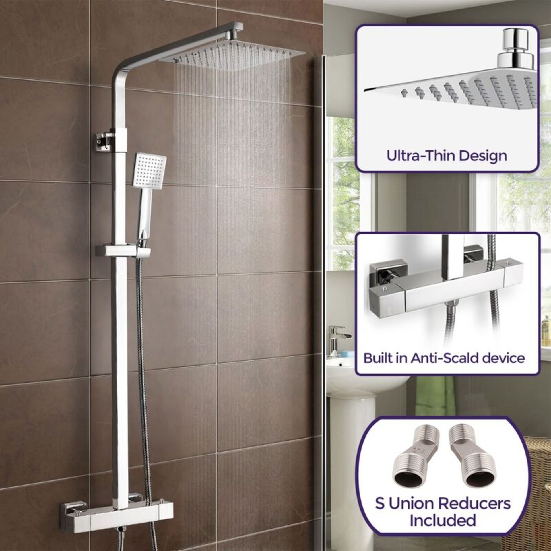 New (G32) Thermostatic Shower Mixer With Slide Rail Kit Square. Above the handset sits this stu...