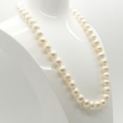 A 44cm white cultured pearl necklace with a 9ct rose gold ball clasp