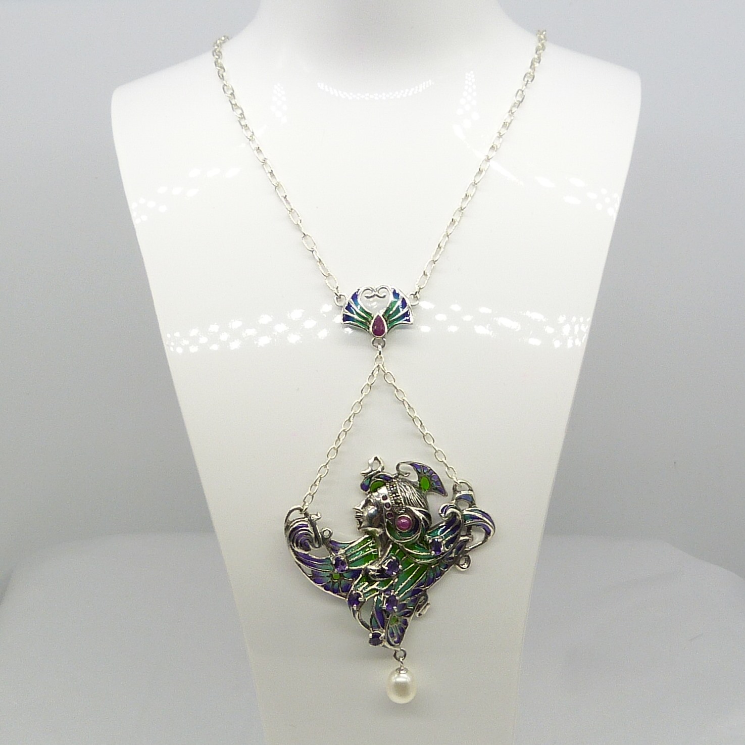A silver plique-à-jour exotic dancer necklace set with amethysts, rubies and a cultured pearl - Image 2 of 6