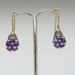 A pair of vintage-style heart-cut amethyst and round-cut diamond drop earrings, boxed