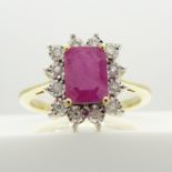 9ct yellow gold step-cut ruby and diamond cluster ring