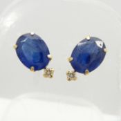 18ct yellow gold treated sapphire and diamond ear studs with gift box