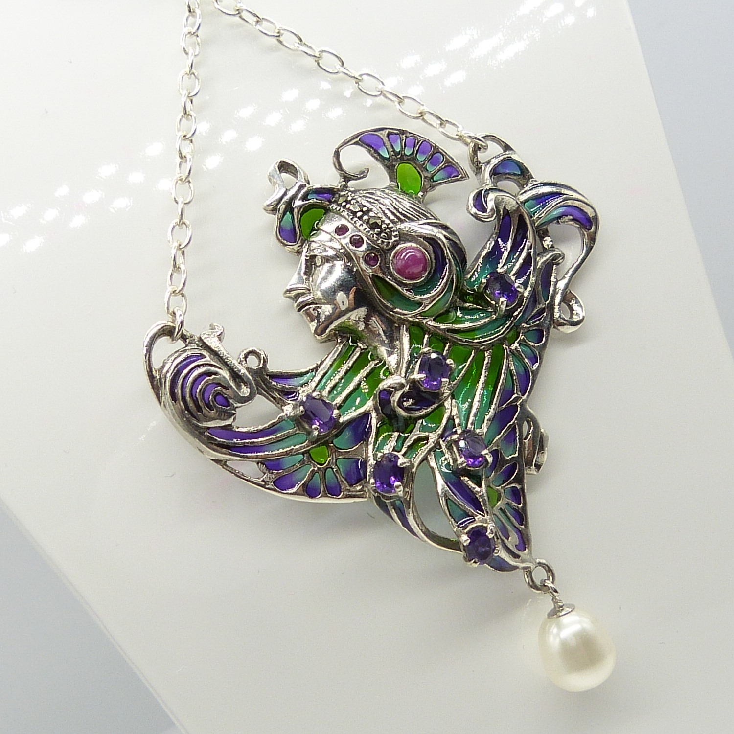 A silver plique-à-jour exotic dancer necklace set with amethysts, rubies and a cultured pearl - Image 3 of 6