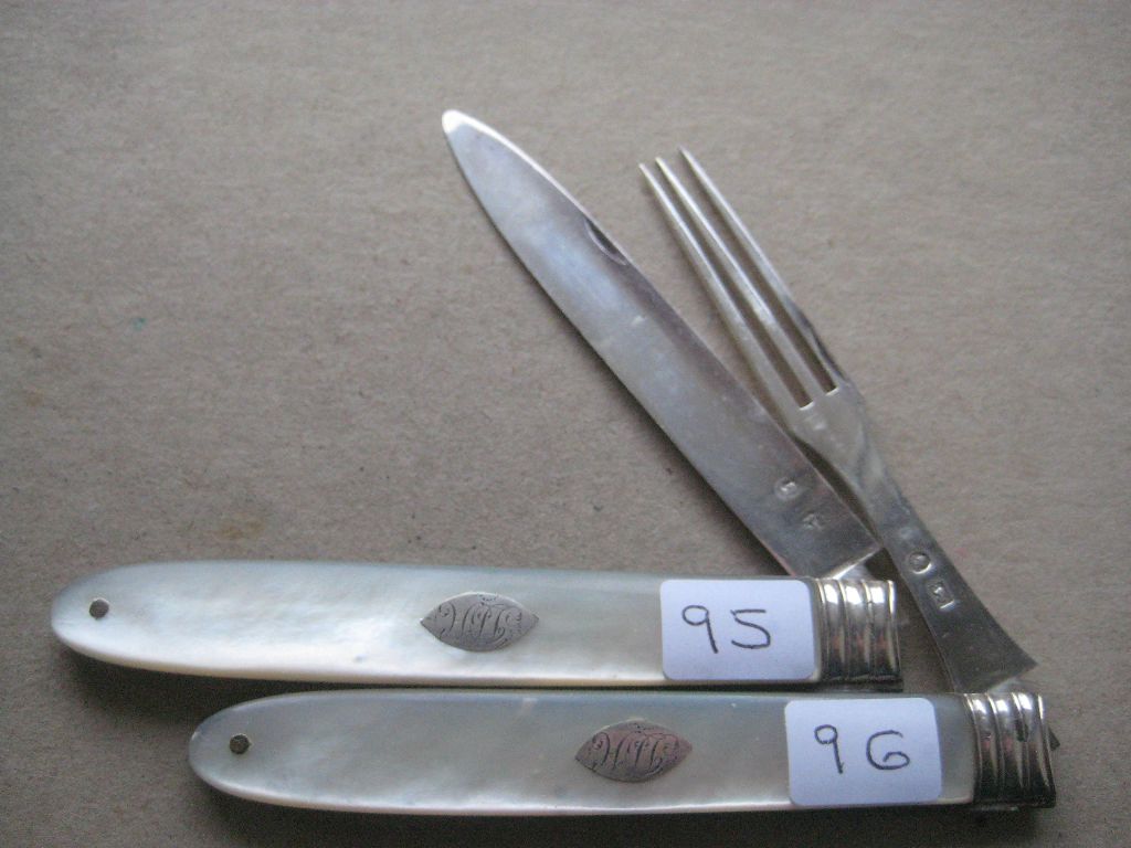 Rare George III Large Matching Mother of Pearl Hafted Silver Bladed Folding Fruit Knife and Fork