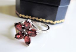 Sterling Silver Garnet Flower Cluster Ring New with Gift Box
