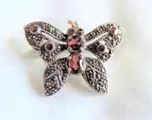 Vintage Sterling Silver Garnet & Marcasite Butterfly Brooch