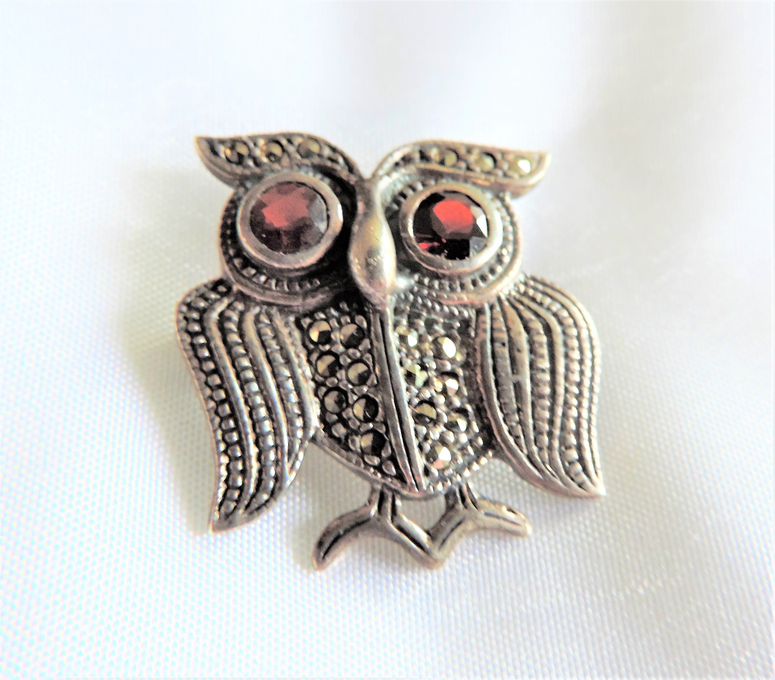 Vintage Silver Owl Brooch with Garnet Eyes