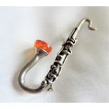 Vintage Sterling Silver Amber Saxaphone Brooch