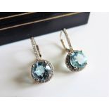 Sterling Silver 5ct Blue Topaz Halo Earrings New with Gift Box