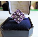 Sterling Silver 3.6 ct Amethyst & Diamond Cluster Ring