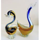 Pair Murano Sommerso Art Glass Ducks Blue and Gold