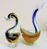 Pair Murano Sommerso Art Glass Ducks Blue and Gold