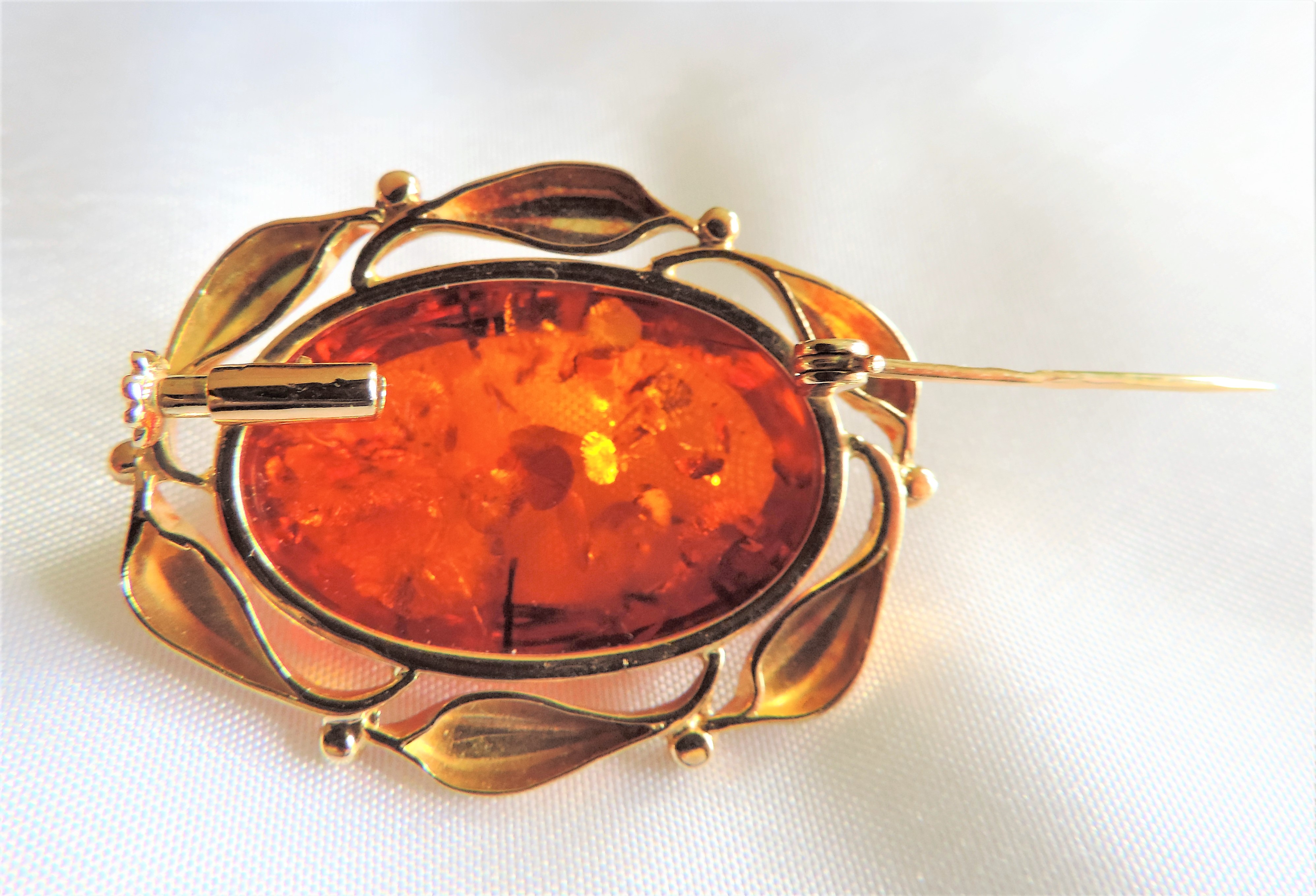 14k Solid Gold Baltic Amber Brooch - Amber 30mm x 20mm - Image 4 of 6