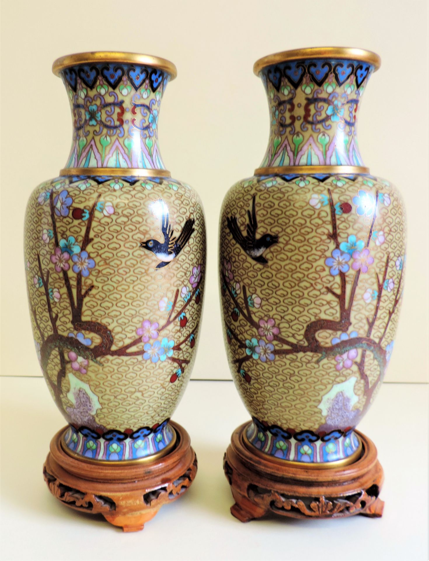 Pair Chinese Cloisonne Vases with Birds & Blossom Decoration 24cm Tall - Image 3 of 12