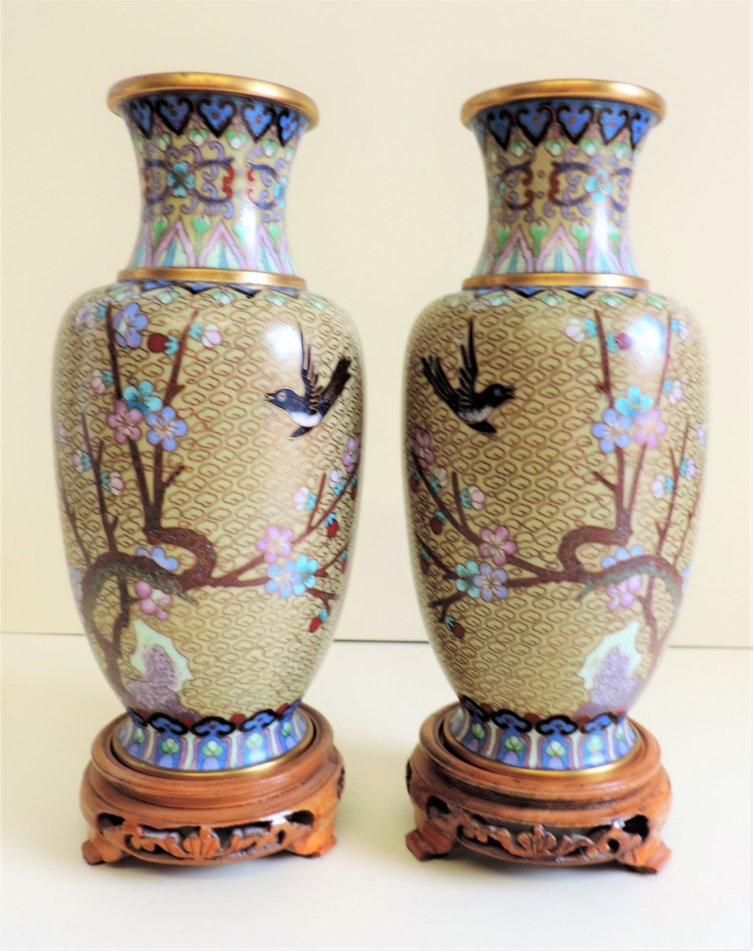 Pair Chinese Cloisonne Vases with Birds & Blossom Decoration 24cm Tall - Image 10 of 12