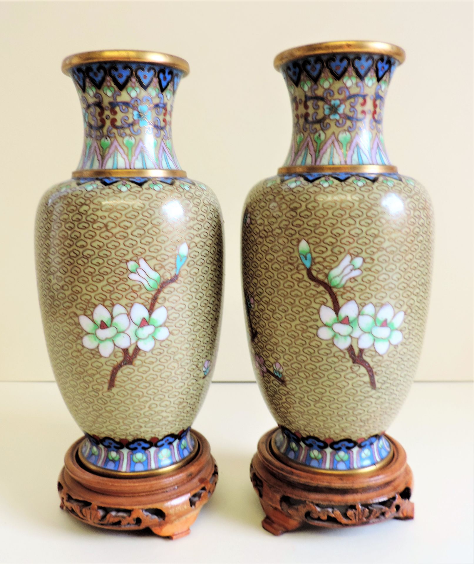 Pair Chinese Cloisonne Vases with Birds & Blossom Decoration 24cm Tall - Image 9 of 12