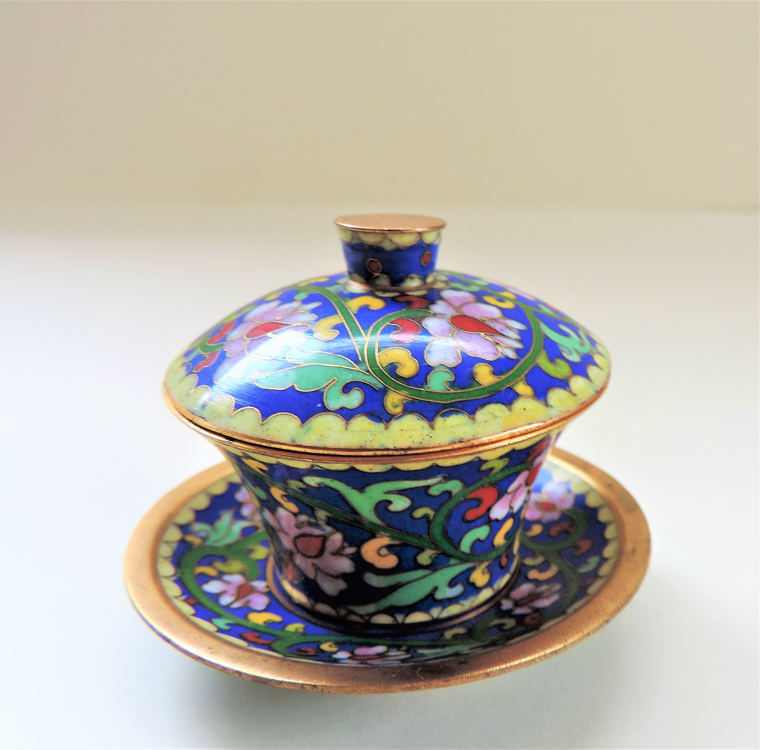 Vintage Cloisonne Miniature Lidded Pot and Saucer