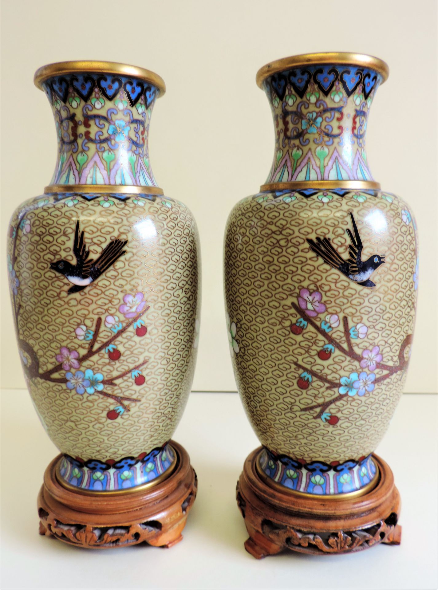 Pair Chinese Cloisonne Vases with Birds & Blossom Decoration 24cm Tall