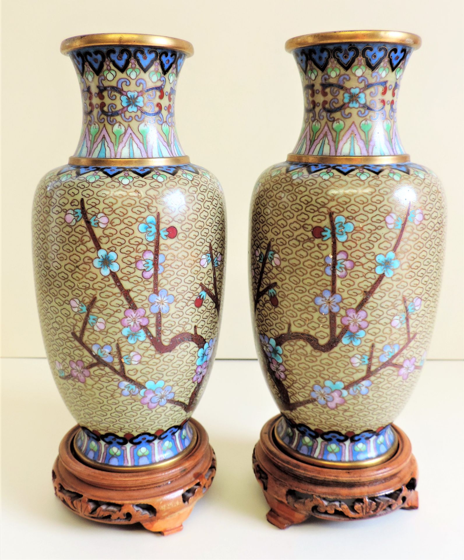 Pair Chinese Cloisonne Vases with Birds & Blossom Decoration 24cm Tall - Image 2 of 12