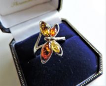 Sterling Silver Baltic Amber Butterfly Ring