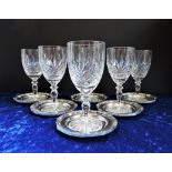 Vintage Cut Crystal Wine Glasses and Silver Plate Coasters Set of 6