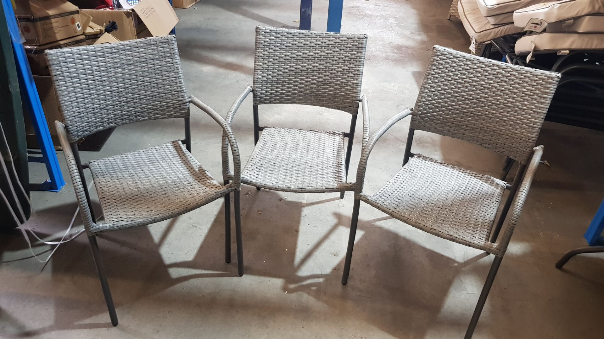 (1A) 4x Items. 3x Rattan Stackable Garden Chair. 1x Grey Faux Leather Chair. (All Items Appear Cle - Image 6 of 6
