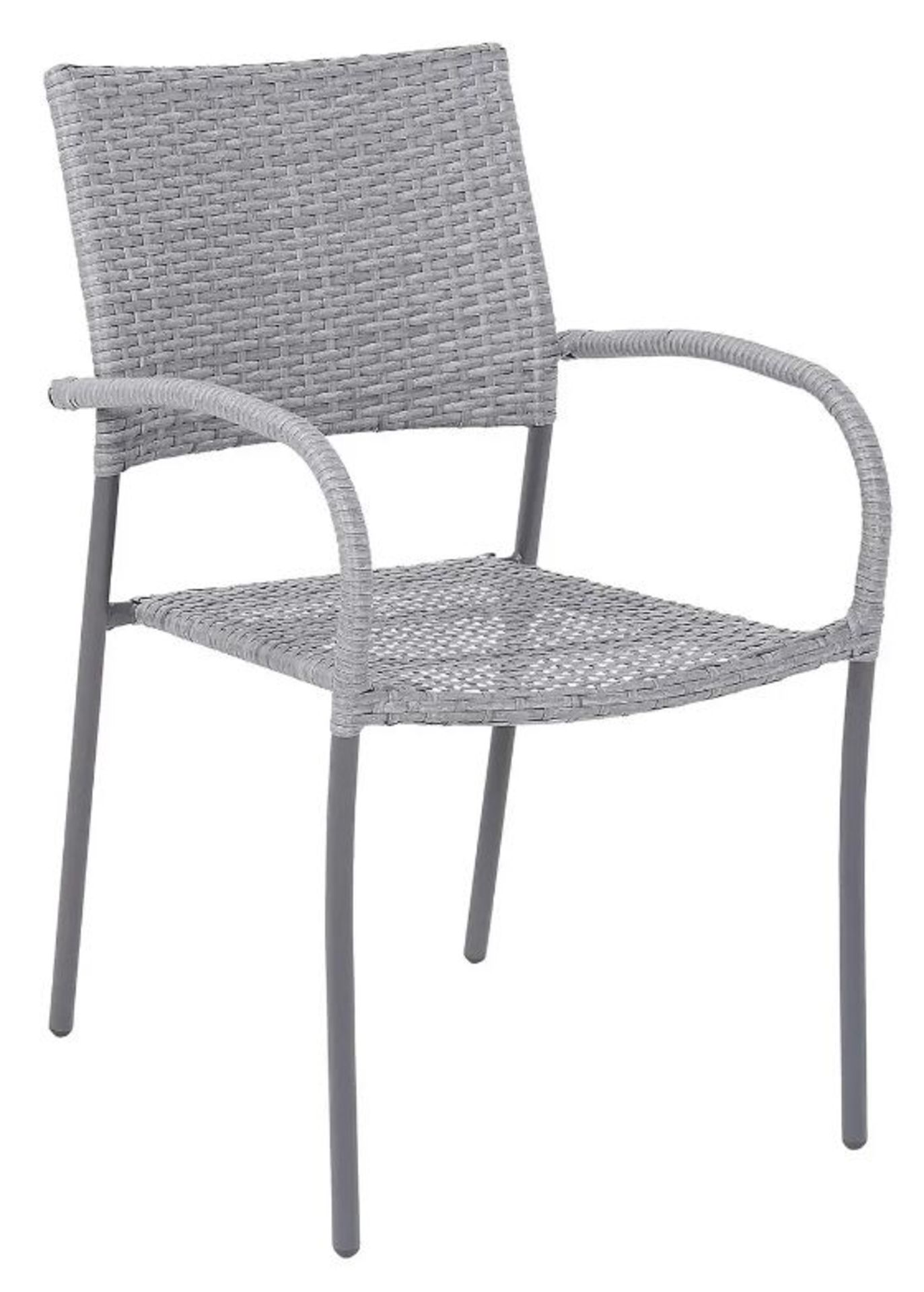 (1A) 4x Items. 3x Rattan Stackable Garden Chair. 1x Grey Faux Leather Chair. (All Items Appear Cle