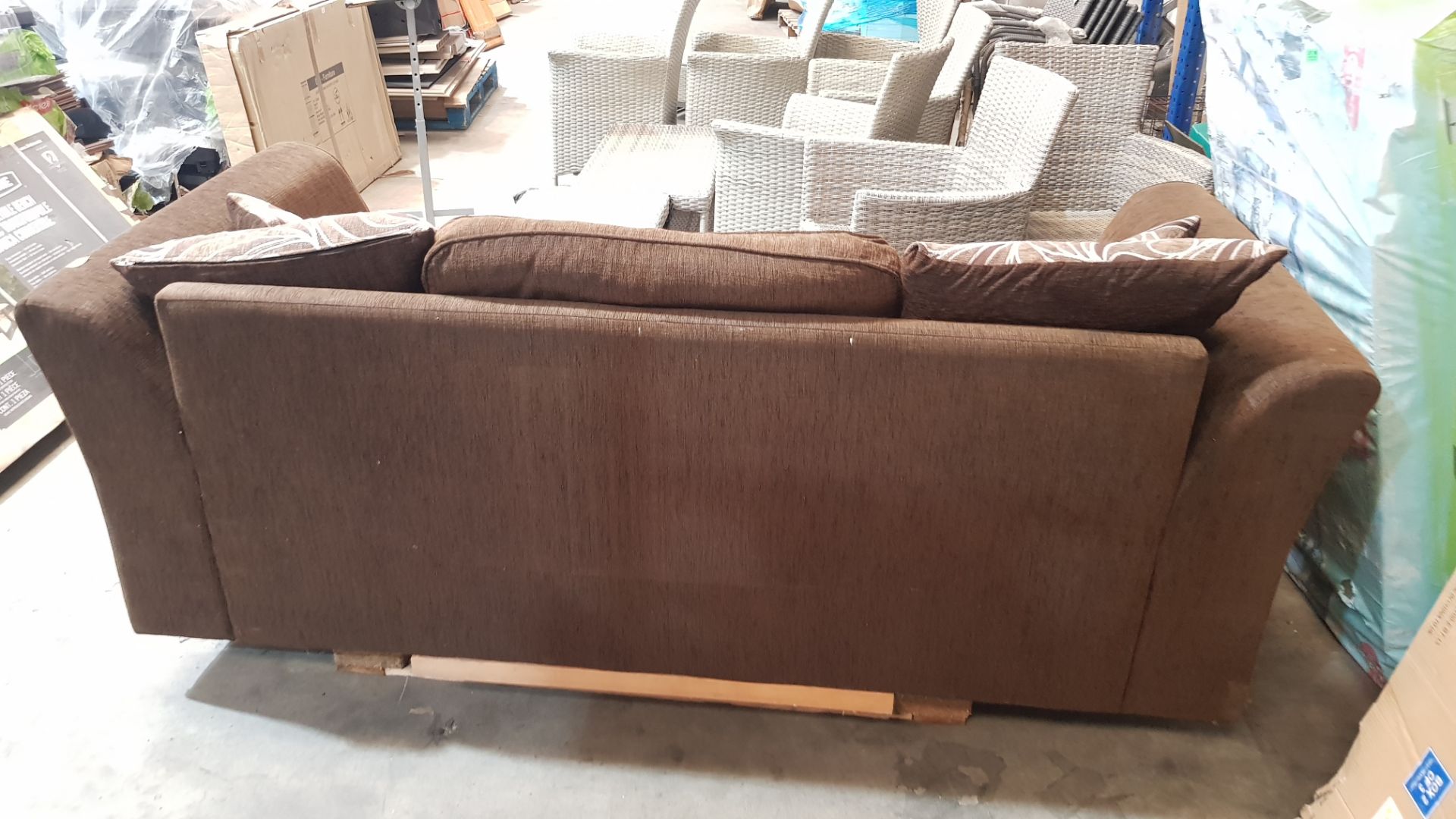 (16) 1x Brown Sofa With 1x Brown Back Cushion & 4x Brown Patterned Cushions. (Used Condition). (W20 - Image 2 of 2