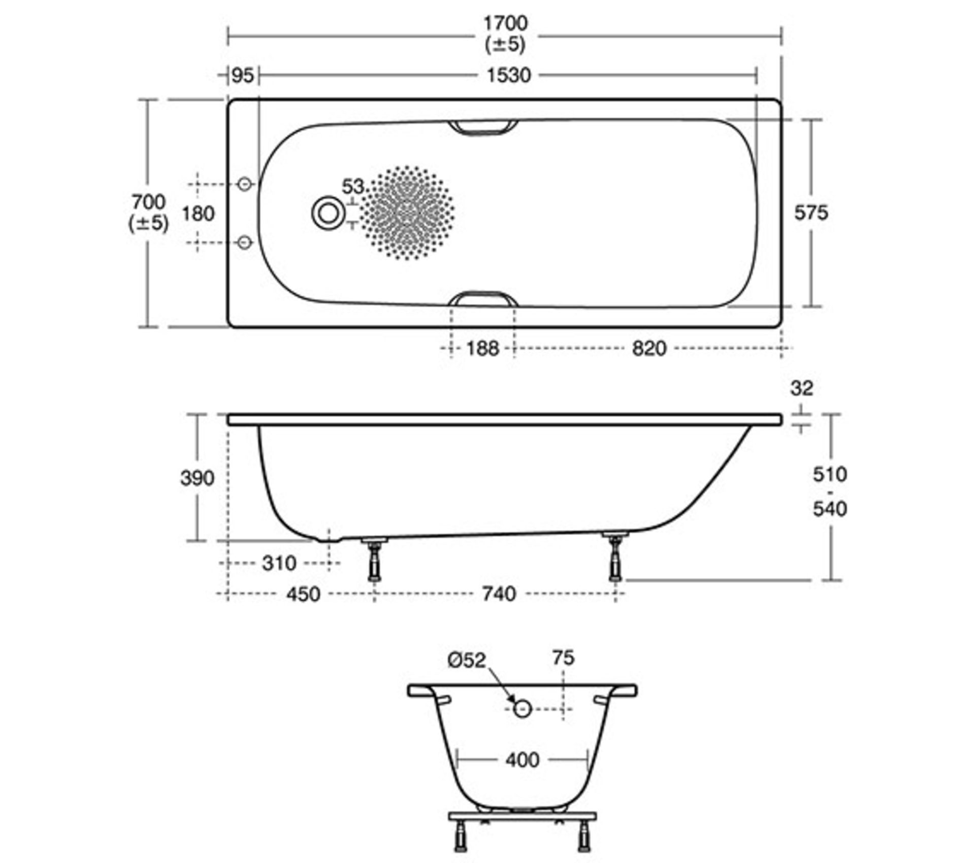 Ideal Standard Ideal Standard Sandringham 21 Single Ended Bath With Grips - 1700 x 700mm - 2 Taphole - Image 2 of 2
