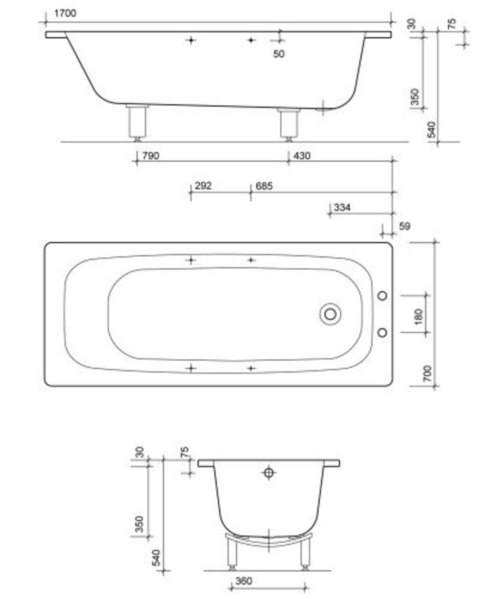 TWYFORD Twyford Celtic Single Ended Rectangular Bath with Twin Grips Anti Slip 1700mm x 700mm 2 Tap - Image 3 of 3