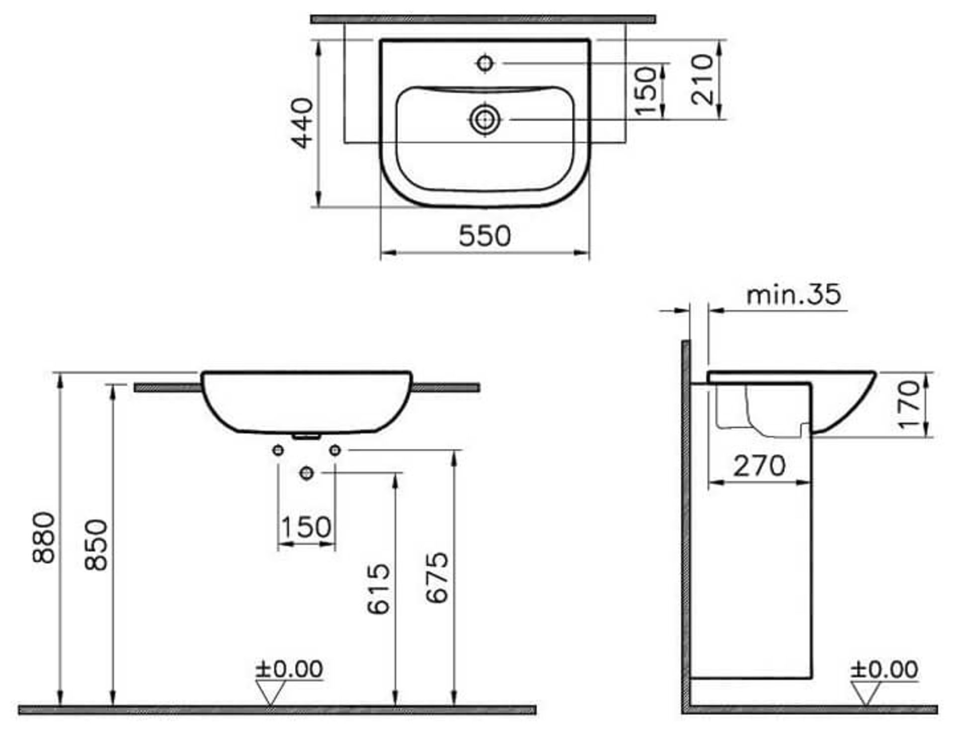 VitrA Vitra S20 550mm Semi Recessed Basin - 1 Tap Hole - White - Image 2 of 2