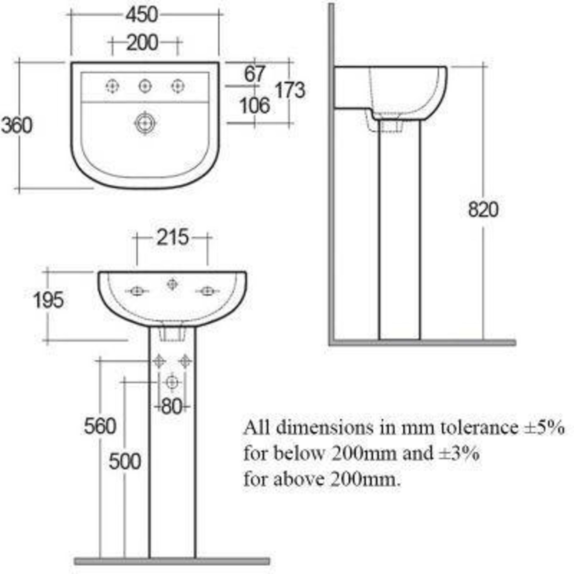 Rak Ceramics Rak Compact Wall Hung Basin - 450mm Wide - 2 Tap Hole - White - Image 2 of 2