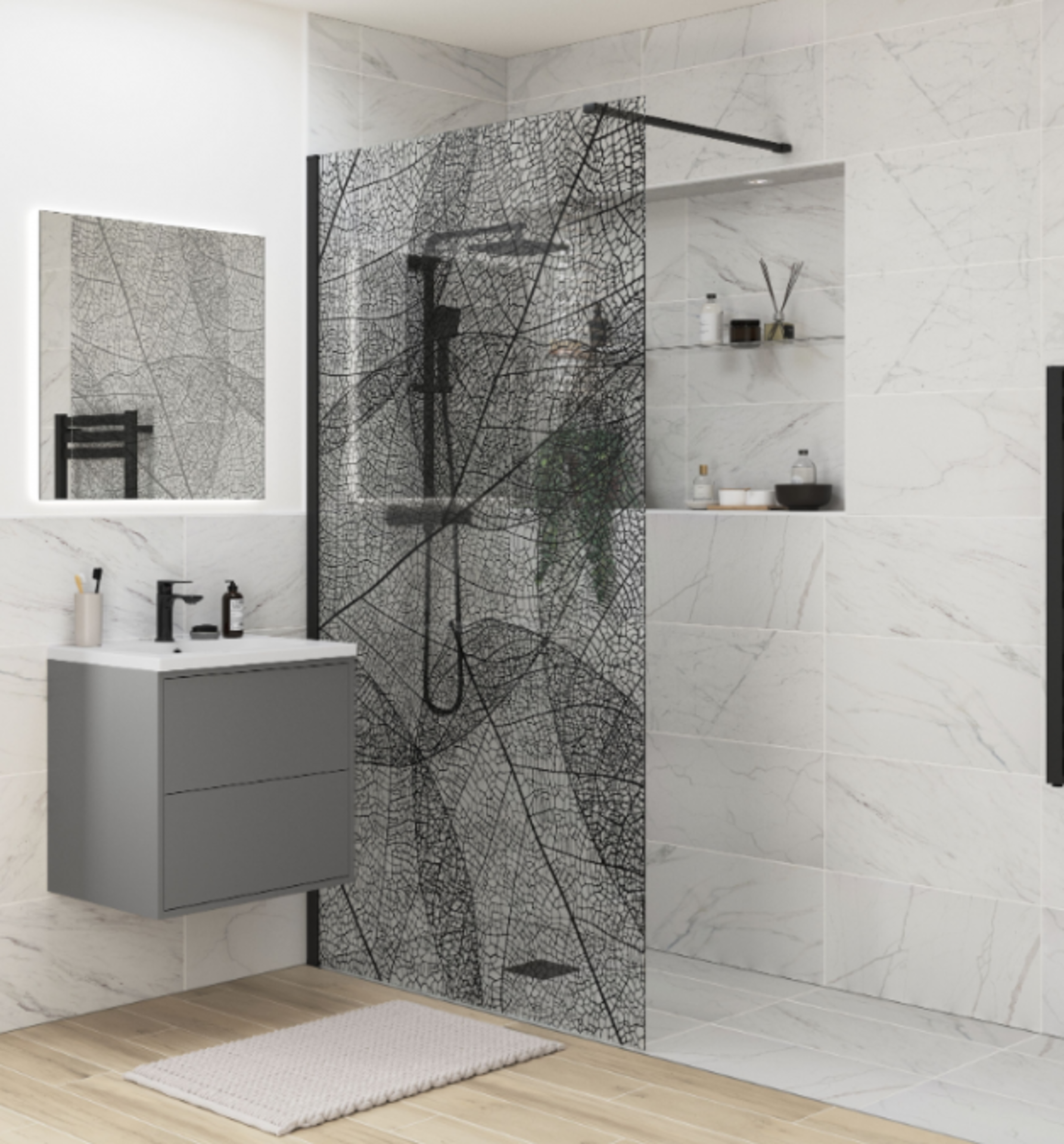 New (T17) Black Leaf Wet Room Glass Panel - 1200mm. RRP £775.99.Make A Real Style Statement W...