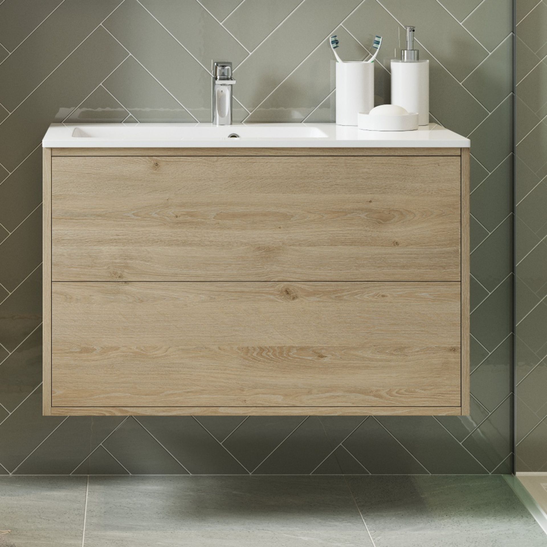 New (J56) Perla 900mm 2 Drawer Wall Hung Vanity Unit Inc. Basin - Havana Oak. RRP £415.80. The...