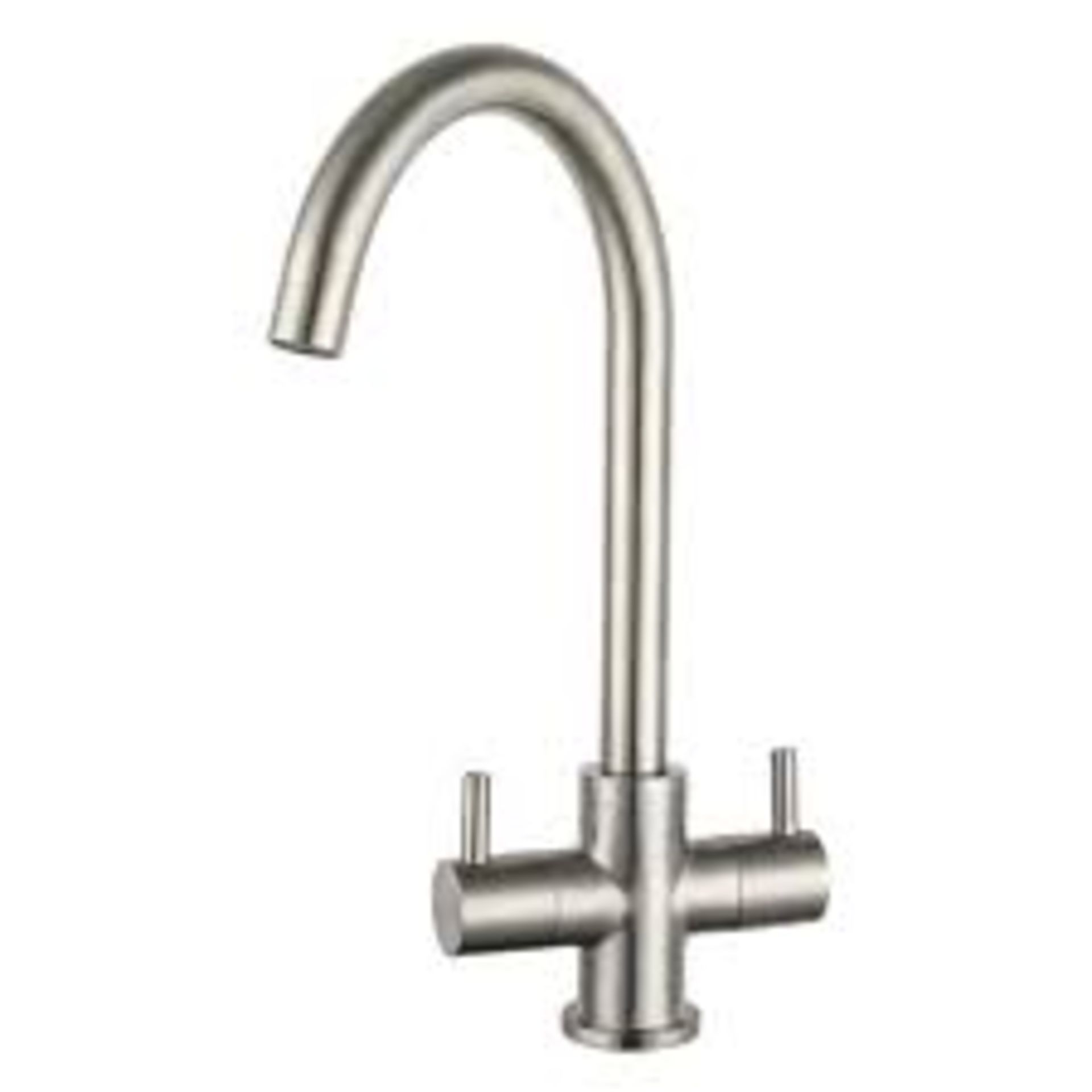 New (K47) Prima Staten Swan Brushed Steel Neck Dual Lever Kitchen Mixer Tap. Brushed Steel Fini...