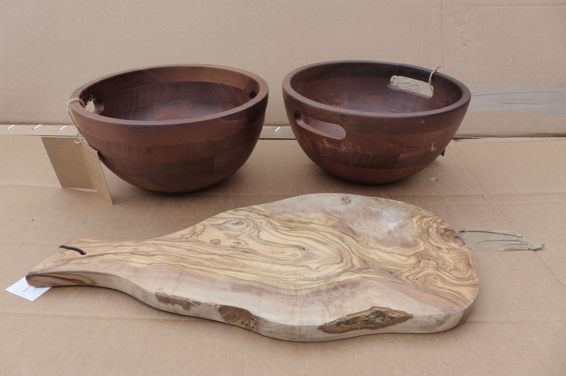 3 items to include John Lewis /Leon Wooden bowls and Naturally medserving board