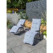 (3A) 2x Blue White Geometric Pattern Reclining Garden Chair.