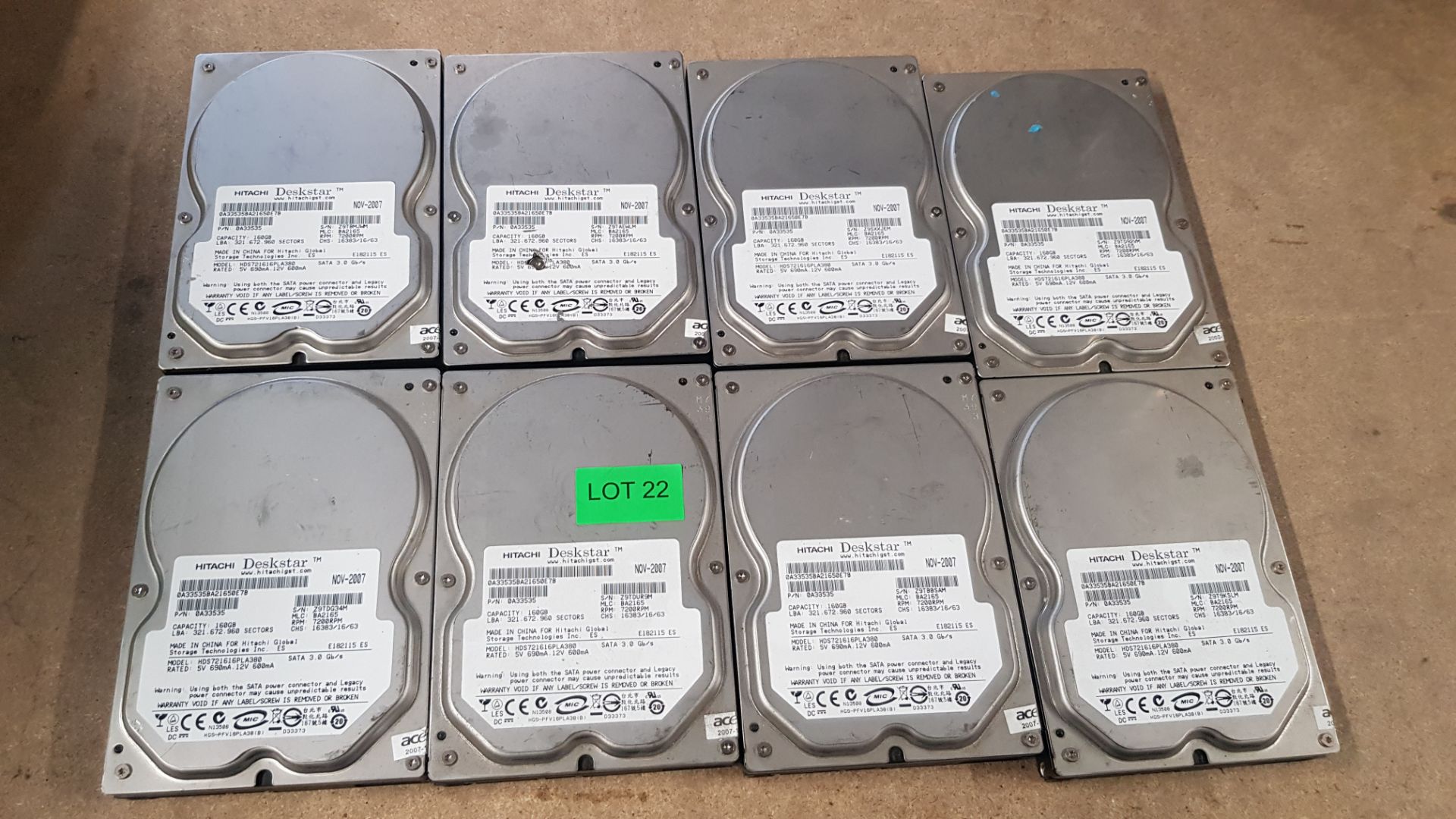 (13A) 8x Hitachi Deskstar 160GB HDD 3.5 SATA 3.0 (Contents Wiped On Units). - Image 2 of 3