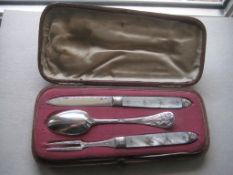 Rare George III Cased Mother of Pearl Folding Fruit Knife, Fork and Spoon Set