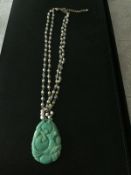 Faux Pearl Necklace & Faux Jade Carved Pendant