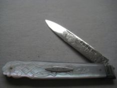 Victorian Mother of Pearl Hafted Silver Folding Fruit Knife