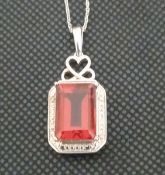 Emerald Cut Red Gemstone 925 Silver Pendant.